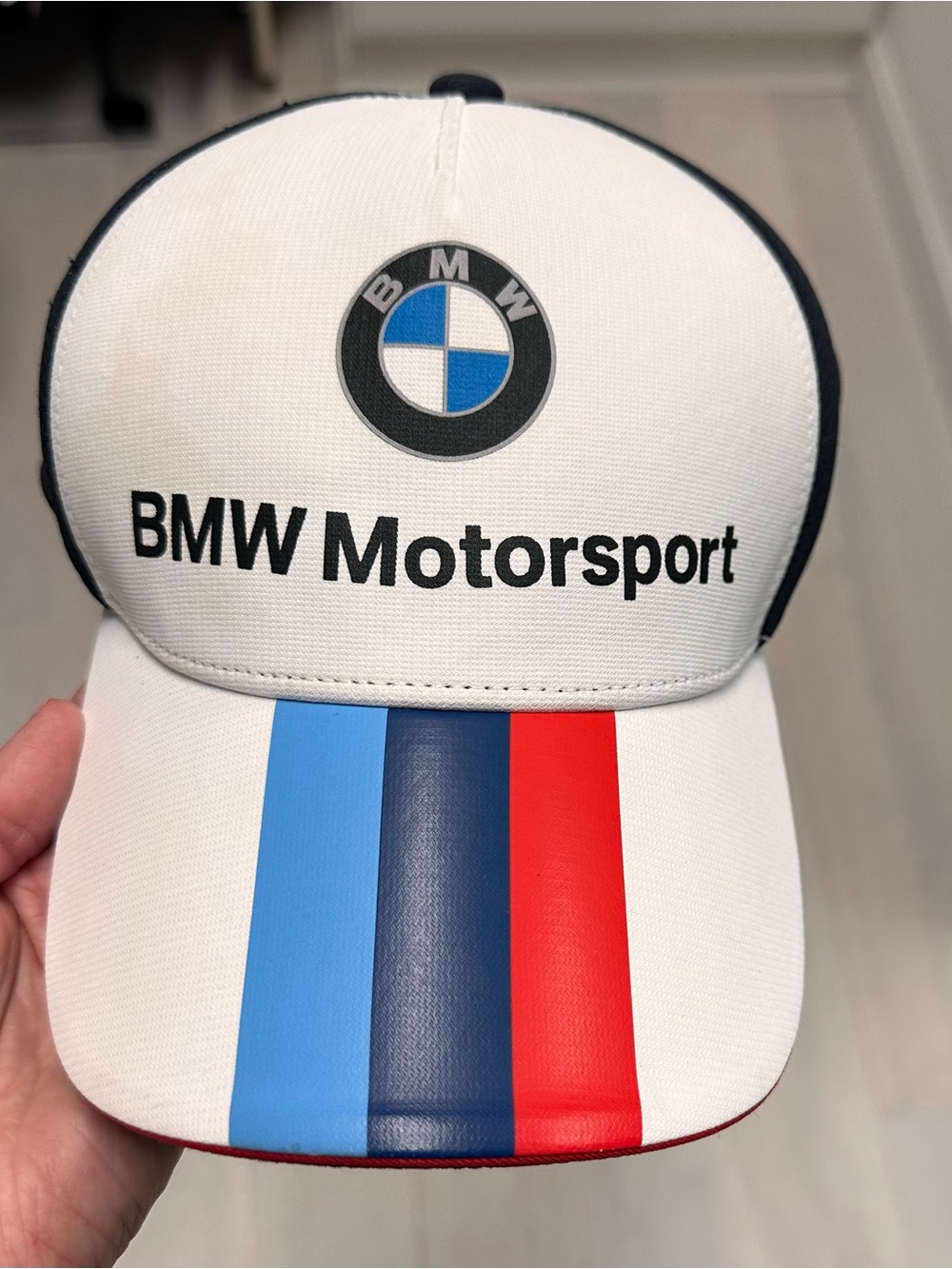 BMW Motorsport White Cap with Blue & Red Racing Stripes